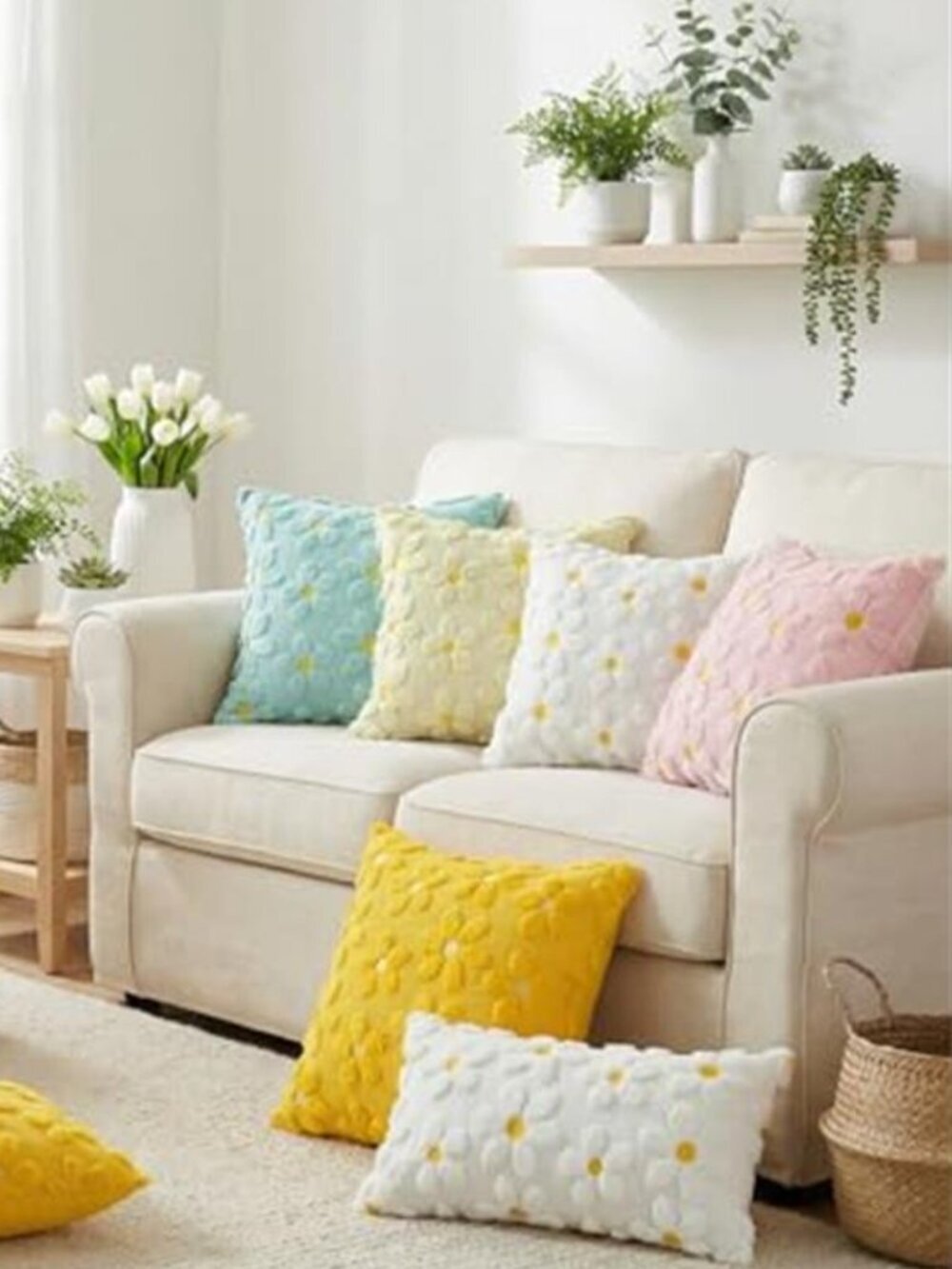Spring Summer Cream White Daisy Throw Pillow Covers Set of 2, 18x18 - Picture 6 of 7